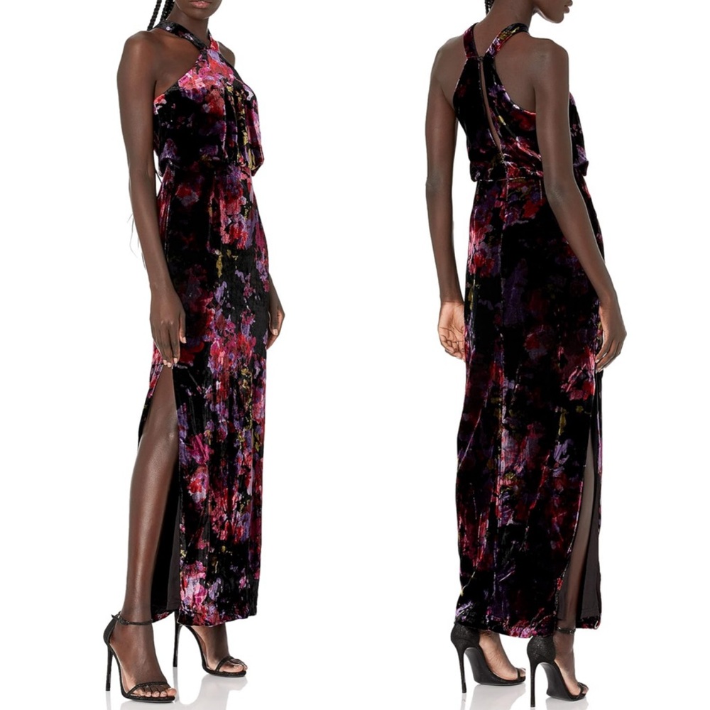 Aidan Mattox Floral Printed Velvet Halter Gown Maxi Dress Slit Size 2 NEW $265